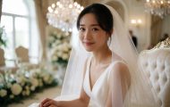 《首席的替婚妻》短剧封面,豪华婚礼场景,女主角特写